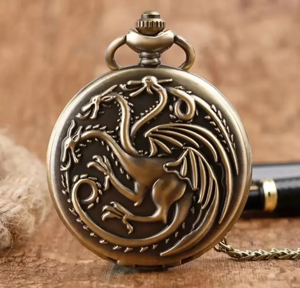 Three Headed Dragon Pocket Watch Necklace Brass Color Fantasy Pendant Chain